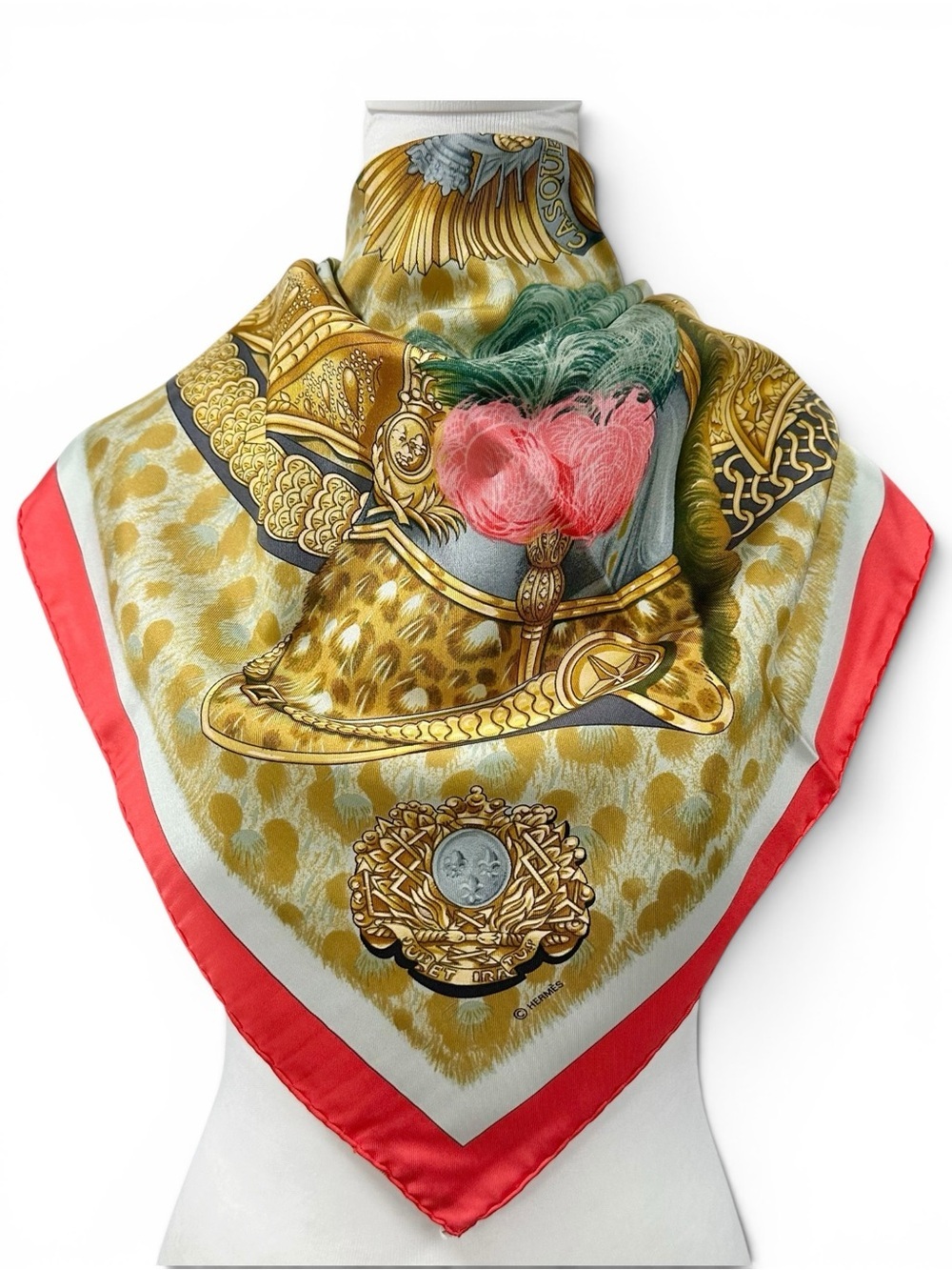 Hermes 100% Silk “Casques Plumets” Carre 90 Coral Pink & Gold Large Square Scarf